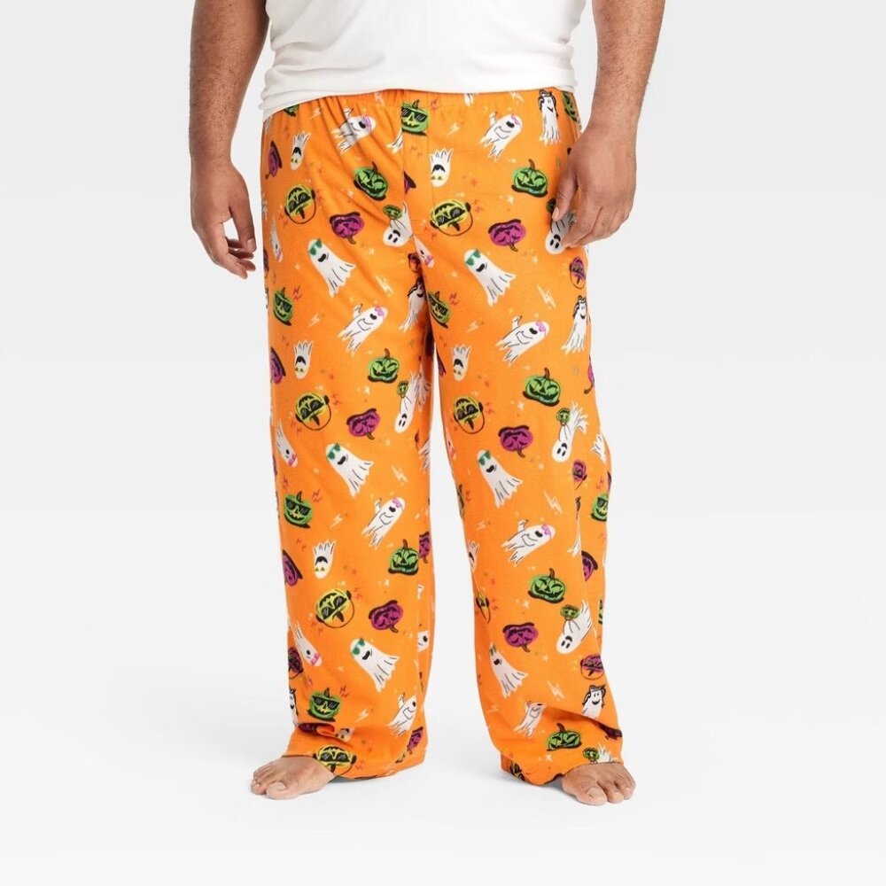 Hyde & Eek! Mens Big & Tall 3X Ghost Print‎ Halloween Fleece Pajama Pants Orange